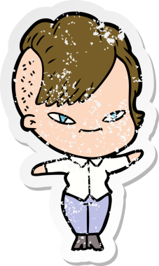 Hipster saç kesimi bir insan tarafından çizilmiş tatlı bir çizgi film kızına ait sıkıntılı bir etiket.