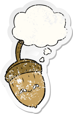 Düşünce baloncuklu çizgi film meşe palamudu insan tarafından çizilmiş yıpranmış bir çıkartma.