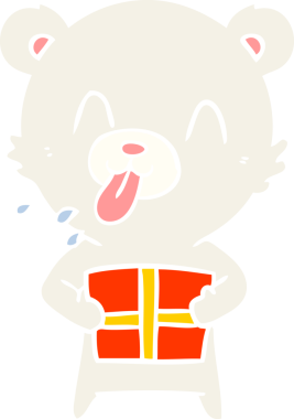 kaba düz renkli karikatür kutup ayısı bir insan tarafından çizilmiş bir hediyeyle dilini dışarı çıkarıyor.