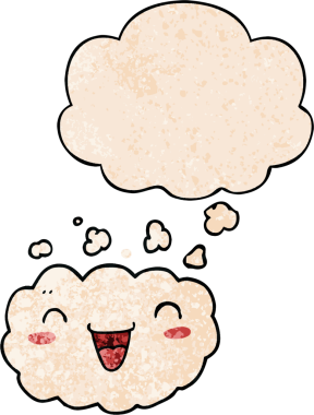 Bir insan tarafından çizilmiş grunge dokuma tarzında düşünce baloncuğu olan mutlu çizgi film bulutu