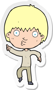 Çizgi film çıkartması. Bir insan tarafından çizilmiş etkileyici çocuk.