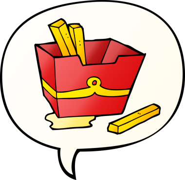 Bir insan tarafından çizilmiş, konuşma baloncuklu patates kızartması kutusu.