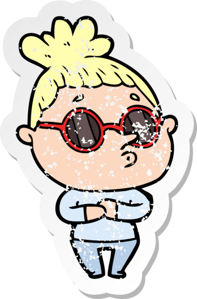 Bir insan tarafından çizilmiş güneş gözlüğü takan karikatürlü bir kadının sıkıntılı çıkartması.