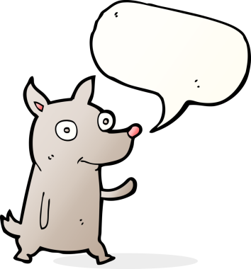 Bir insan tarafından çizilmiş konuşma balonuyla el sallayan küçük bir köpek.