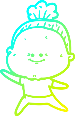 Bir insan tarafından çizilmiş, mutlu, yaşlı bir kadının çizimi.