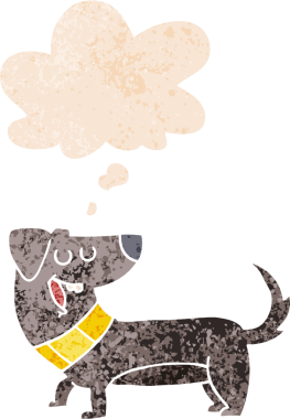 Düşünce baloncuğu ile çizgi film köpeğinin grunge sıkıntılı retro tarzı bir insan tarafından çizilmiş