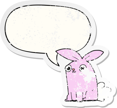 Konuşma baloncuğu olan çizgi film tavşanı bir insan tarafından çizilmiş sıkıntılı eski bir çıkartma.