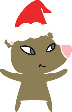 Bir insan tarafından çizilmiş Noel Baba şapkası takan bir ayının düz renk çizimi.