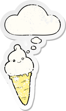 Düşünce baloncuklu çizgi film dondurması insan tarafından çizilmiş yıpranmış bir çıkartma gibi.