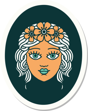 Geleneksel bir dövme stili. Çiçekten taç takmış bir kız. Bir insan tarafından çizilmiş.