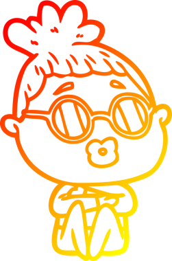 Bir insan tarafından çizilmiş gözlük takan bir kadının çizgi film çizimi.