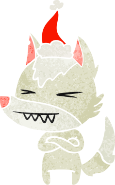 Kızgın kurt el, bir insan tarafından çizilmiş Noel Baba şapkasının retro karikatürünü çizdi.