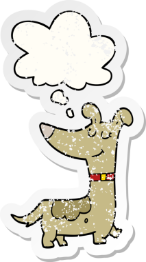 Düşünce baloncuğu olan çizgi film köpeği insan tarafından çizilmiş yıpranmış bir çıkartma gibi.