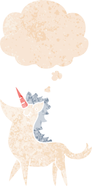 Düşünce baloncuklu çizgi film tek boynuzlu at grunge sıkıntılı retro dokuma tarzı bir insan tarafından çizilmiş