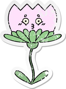 Bir insan tarafından çizilmiş şirin bir karikatür çiçeğinin sıkıntılı çıkartması.