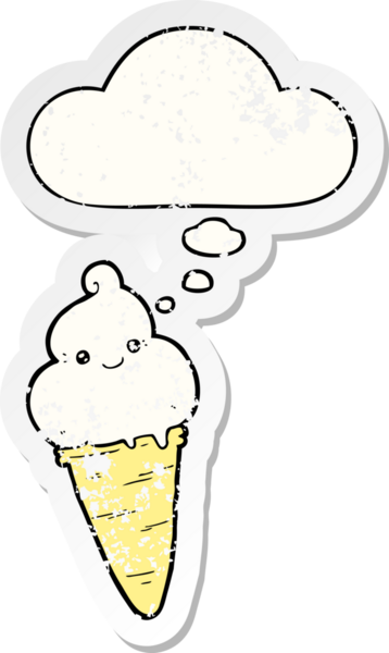 Düşünce baloncuklu çizgi film dondurması insan tarafından çizilmiş yıpranmış bir çıkartma gibi.