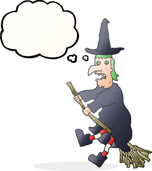 Bir insan tarafından çizilmiş süpürge üzerinde uçan serbest çizim düşünce balonu çizgi film cadısı.