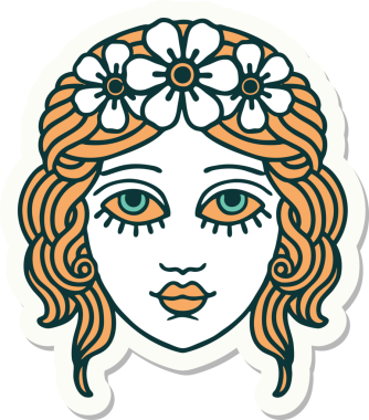 Bir insan tarafından çizilmiş çiçek desenli geleneksel kadın yüzü stili dövme çıkartması.