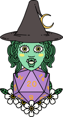 Retro Dövme Biçimi Yarı Ork Cadı Bir insan tarafından çizilmiş 20 zar ile