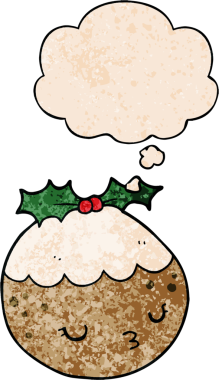 Düşünce baloncuklu tatlı çizgi film pudingi. Bir insan tarafından çizilmiş grunge desenli.