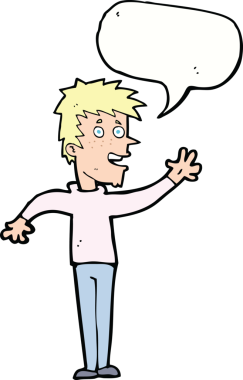 Bir insan tarafından çizilmiş konuşma baloncuğuyla el sallayan mutlu çocuk.