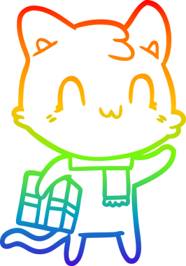 Bir insan tarafından çizilmiş eşarp giyen mutlu bir kedinin çizgi çizimi.