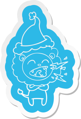 Bir insan tarafından çizilmiş Noel Baba şapkası giyen kükreyen bir aslanın garip çizgi film çıkartması.