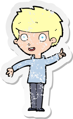 İnsan tarafından çizilmiş bir fikri olan karikatürist bir çocuğun gerilimli retro yapıştırması.