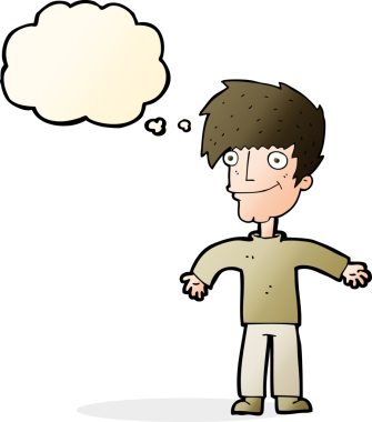 Bir insan tarafından çizilmiş düşünce balonlu mutlu adam çizgi filmi.