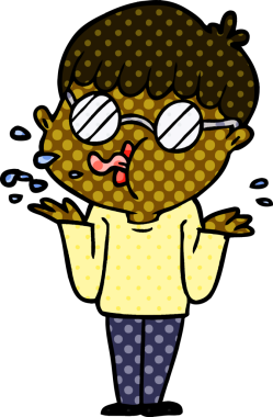 Gözlüklü çizgi film çocuğu bir insan tarafından çizilmiş omuz silkiyor.