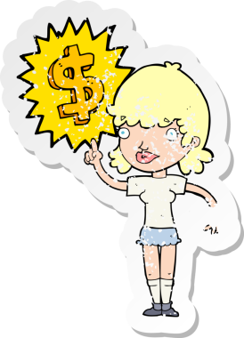 Bir insan tarafından çizilmiş para kazanma karikatürünün sıkıntılı retro yapıştırması