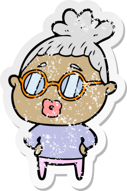 Bir insan tarafından çizilmiş gözlük takan çizgi roman kütüphanecisinin sıkıntılı çıkartması.