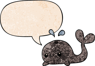 Konuşma baloncuğu olan sevimli bir çizgi film balinası insan tarafından çizilmiş.