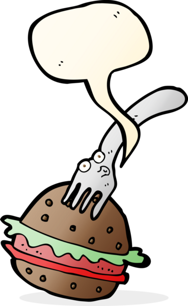 Bir insan tarafından çizilmiş konuşma balonlu çatal ve hamburger.