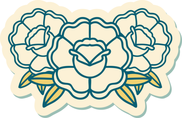 Bir insan tarafından çizilmiş bir buket çiçeğin geleneksel stiliyle dövme çıkartması.