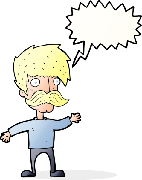 Bir insan tarafından çizilmiş konuşma baloncuğuyla bıyıklı çizgi film adamı.