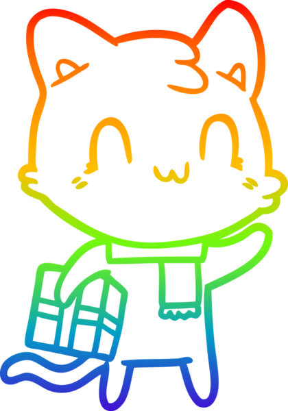 Bir insan tarafından çizilmiş eşarp giyen mutlu bir kedinin çizgi çizimi.