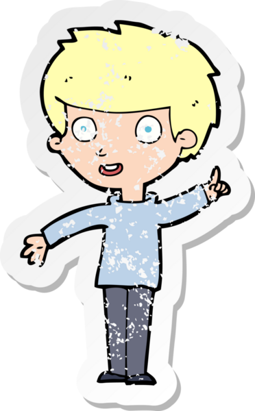 İnsan tarafından çizilmiş bir fikri olan karikatürist bir çocuğun gerilimli retro yapıştırması.