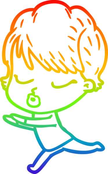 Gökkuşağı gradyan çizgi çizimi bir insan tarafından çizilmiş gözleri olan bir karikatür kadın