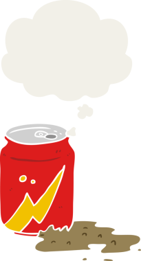 Düşünce baloncuğu olan karikatür soda kutusu insan tarafından çizilmiş.