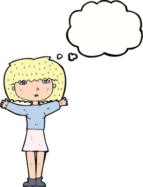 Bir insan tarafından çizilmiş düşünce baloncuğuyla kollarını havaya kaldıran çizgi film kadını.