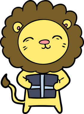 Bir insan tarafından çizilmiş noel hediyeli çizgi film aslanı.