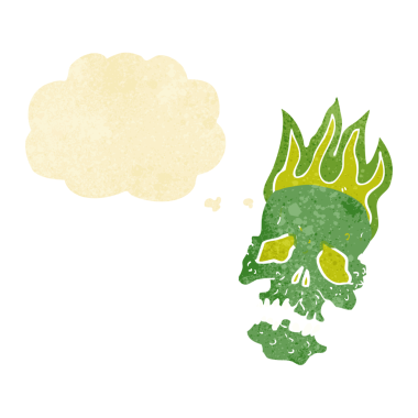 Bir insan tarafından çizilmiş düşünce baloncuklu bir kafatası.