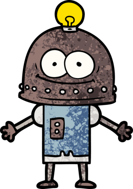 Bir insan tarafından çizilmiş ampullü mutlu karton robot.