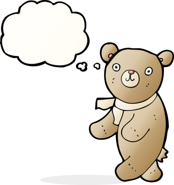 Bir insan tarafından çizilmiş düşünce baloncuğu olan sevimli çizgi film ayısı.