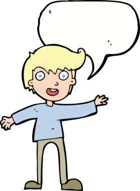 Bir insan tarafından çizilmiş konuşma balonu olan heyecanlı bir çocuk.