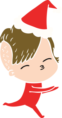 Tulumlu bir kızın, Noel Baba şapkası giymiş bir insan tarafından çizilmiş düz renk çizimi.