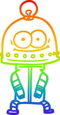 Gökkuşağı gradyan çizgisi mutlu bir karton robot çizimi ve bir insan tarafından çizilmiş ampul.