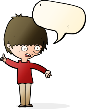 Bir insan tarafından çizilmiş bir konuşma balonuyla soru soran çizgi film çocuğu.