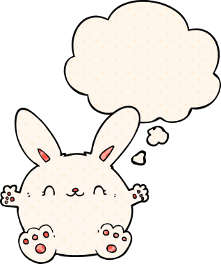 Bir insan tarafından çizilmiş çizgi roman tarzı düşünce baloncuğu olan sevimli çizgi film tavşanı.